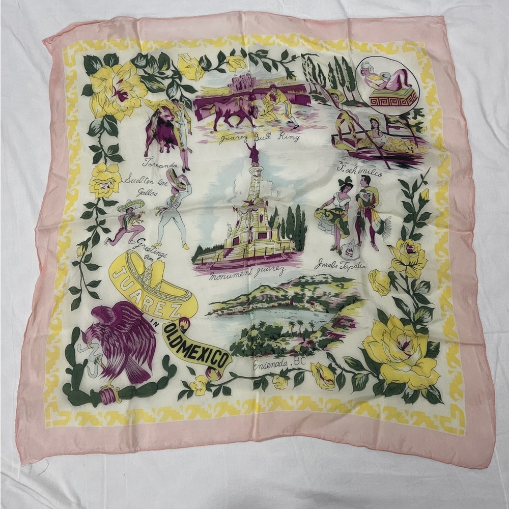Vintage Scenic Juarez Silk Scarf in Pink, Yellow and Green